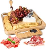 🧀 large square cheese board and knife set - charcuterie serving platter - cheese plater (bamboo wood), 13.5" x 13", with cutlery drawer in elegant packaging logo