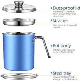 img 2 attached to Large-Capacity Bacon Grease Container with Removable Strainer and Filter - Storage Pot for Fried Oil, Grease Keeper - 2.1 Quart/2 L, Blue