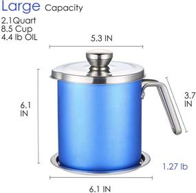 img 3 attached to Large-Capacity Bacon Grease Container with Removable Strainer and Filter - Storage Pot for Fried Oil, Grease Keeper - 2.1 Quart/2 L, Blue