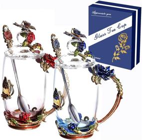 img 4 attached to ☕ Clear Glass Tea Cups with Lids - 2 Pack Vivimee 12 oz, Flower Tea Cup Set, Mother's Day Gifts, Spoon Included, Ideal for Coffee, Tea, Juice, Milk, Hot and Cold Drinks