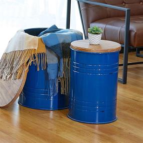 img 2 attached to 🔵 Glitzhome Rustic Storage Ottoman Seat Stool: Farmhouse End Table with Galvanized Metal Accent & Round Wood Lid - Navy Blue