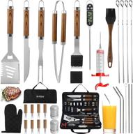 grilljoy 30pcs bbq grill tools set with thermometer and meat injector: premium stainless steel fork, 🔥 tongs, and spatula for complete grilling experience - portable bag included - ideal grill gifts for men logo