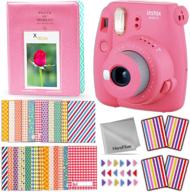 📷 fujifilm instax mini 9 instant camera (flamingo pink) + accessories kit - 64 pocket photo album, 60 colorful sticker frames, corner stickers, herofiber cloth + accessory bundle logo