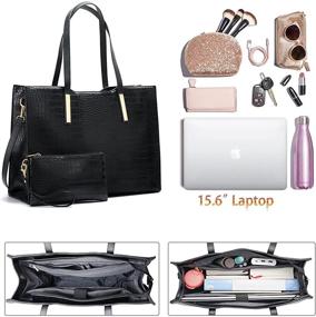 img 3 attached to Women's Large Laptop Tote Bag - 15.6 Inch Computer Briefcase, USB Charging Port, Waterproof PU Leather - Black, Office, Travel, Business