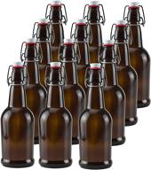 12-pack of 16 oz amber glass beer bottles for home brewing with flip caps logo