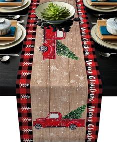 img 4 attached to 🎄 Stylish Christmas Red Truck Table Runner with Black Buffalo Plaid Check - Cotton Linen Winter Dinner Scarf Décor - 72 Inch Long Holiday Xmas Tree Dresser Scarves - Perfect for Farmhouse Coffee/Dining and Living Room Tablerunner