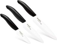 🔪 kyocera ceramic slicing knife set - 3 pieces, 5-inch, 4.5-inch, and 3-inch - black handle with white blades logo