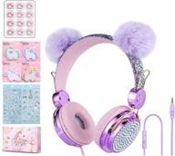 🦄 colorful unicorn headphones for kids with microphone, pom pom bear ear over ear headphones - ideal for school, online learning, and travel - adjustable headband - perfect xmas gift for girls logo