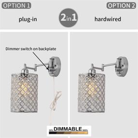 img 1 attached to 🔌 Kingmi Dimmable Crystal Industrial Swing Arm Wall Sconce: Plug-in Wall Light with On/Off Rotary Switch on Backplates & 4.9-Foot Clear Cord