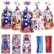 derayee 4th of july cellophane gift bags, 150pcs patriotic cello candy goodie bags for independence-day party decorations with 180pcs twist tie logo