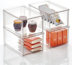 img 4 attached to 🗃️ mDesign Stackable Plastic Kitchen Organizer with Drawer - Food Storage Bin, Container for Cabinet, Pantry, Fridge Organization - Cereal, Jar, Lumiere Collection - 4 Pack, Clear