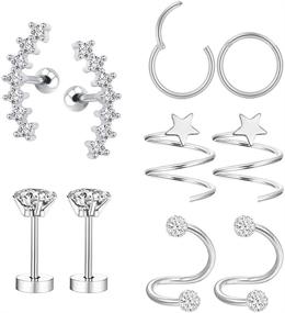 img 4 attached to 316L Stainless Steel CZ Stud Earrings for Ear Helix, Conch, and Cartilage Piercings - Curve Seven Stud
