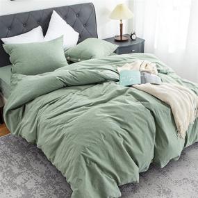 img 4 attached to 🛏️ Green Queen Size Duvet Cover Set - 3 Piece, 100% Washed Cotton, Luxury Breathable and Durable Bedding Set with Button Closure - No Comforter Included