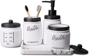img 4 attached to Rustic Farmhouse Mason Jar Bathroom Set - Black/White - 5-Piece Lotion 🏺 Soap Dispenser, Toothbrush Holder, 2 Apothecary Jars, and Vanity Tray - Countertop Vanity Organizer.