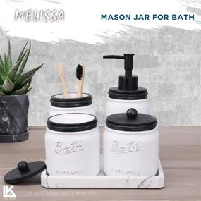 img 3 attached to Rustic Farmhouse Mason Jar Bathroom Set - Black/White - 5-Piece Lotion 🏺 Soap Dispenser, Toothbrush Holder, 2 Apothecary Jars, and Vanity Tray - Countertop Vanity Organizer.