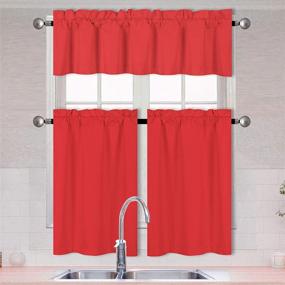 img 4 attached to Premium Set of 3 Solid Color Kitchen Curtains - Tier and Valance - Rod Pocket Design - Microfiber Fabric - 100% Sunlight Blocking Drapes - Window Treatment - Ideal for Light Control - Red