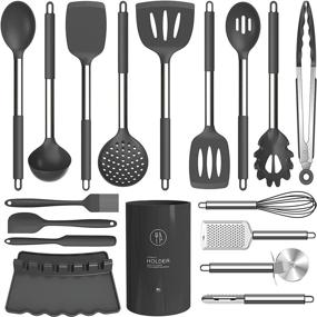 img 4 attached to Premium Silicone Cooking Utensils Set - Heat Resistant Stainless Steel Gray Tools for Nonstick Cookware | Dishwasher Safe | Turner, Tongs, Spatula, Spoon, Brush, Whisk