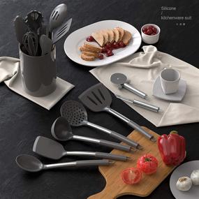 img 1 attached to Premium Silicone Cooking Utensils Set - Heat Resistant Stainless Steel Gray Tools for Nonstick Cookware | Dishwasher Safe | Turner, Tongs, Spatula, Spoon, Brush, Whisk