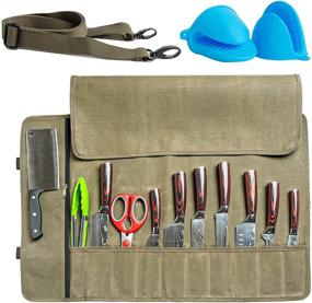 img 3 attached to BAOBAB COUNTY Chef Knife Roll Bag - 11 Slot Premium Waxed Canvas Case for Carving Knives, Cleaver, Chef Tools - Army Green with Oven Mitts