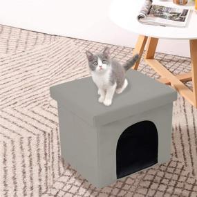 img 1 attached to 🏠 KKTONER Grey Faux Leather Foldable Storage Ottoman Cuboid Cat House Toy Box Chest Foot Stool Folding Stool 14" x 12" x 12