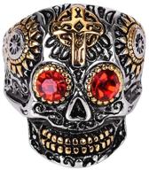 🔥 d&amp;l menswear two tone gold &amp; silver plated stainless steel gothic cross ring with red rhinestone eyes - sugar skull design logo
