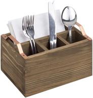 🍴 rustic cutlery utensil holder: flatware organizer with metal handles and 4 compartments, torched wood napkin caddy for kitchen and dining - burnt dark brown логотип