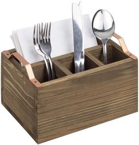 img 4 attached to 🍴 Rustic Cutlery Utensil Holder: Flatware Organizer with Metal Handles and 4 Compartments, Torched Wood Napkin Caddy for Kitchen and Dining - Burnt Dark Brown