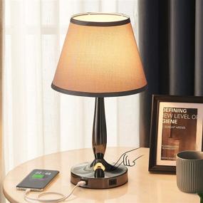 img 1 attached to 💡 Modern USB Touch Table Lamp with 3-Way Dimmable Function, Perfect for Bedroom, Living Room & Office, Grey Trapezoid Shade and Metal Base, Includes LED Bulb