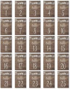 img 3 attached to Rustic Wood Lights Table Number Signs for Wedding Reception & Events - Double Sided, Calligraphy Printed, Reusable Frame Stand - 1-25 Numbered Cards, 4x6 Size