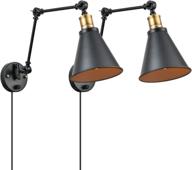 💡 set of 2 industrial swing arm wall sconces - wall mounted lamps for bedroom, bedside, nightstand, reading - black and gold wall lighting fixtures логотип