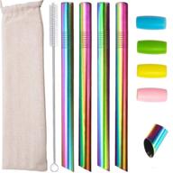 rainbow metal straws 4 pack with carry case bag and silicone tips - reusable boba smoothie straw, wide thick fat angled tip straw for milkshake, jumbo bubble tea straws with brush - 12mm (0.5in) logo