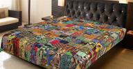 🛏️ multicolor king size indian bohemian cotton kantha quilts vintage hand stitch patchwork decorative throw blanket bedspread logo