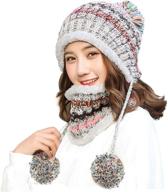 winter beanie hat and circle scarf set for women - ski ear flaps caps with dual layered fleece lining and pompoms логотип