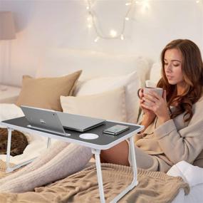 img 2 attached to 🛏️ Laptop Bed Table - Foldable Lap Desk with Slot, Bed Trays Breakfast Serving Tray & Cup Holder, Notebook Computer Stand Reading Holder for Working - Folding Bed Desk for Bed/Sofa/Couch/Floor