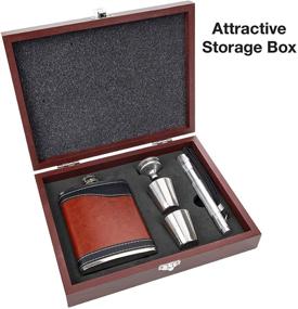 img 2 attached to High-Quality Stainless Steel Hip Flasks Gift Set by Excello Global Products: Food 🍾 Grade Beverage Flask with Funnel, Flashlight, and 2 Steel Cups in a Wooden Box