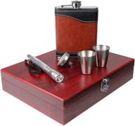 high-quality stainless steel hip flasks gift set by excello global products: food 🍾 grade beverage flask with funnel, flashlight, and 2 steel cups in a wooden box logo