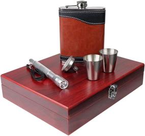 img 4 attached to High-Quality Stainless Steel Hip Flasks Gift Set by Excello Global Products: Food 🍾 Grade Beverage Flask with Funnel, Flashlight, and 2 Steel Cups in a Wooden Box