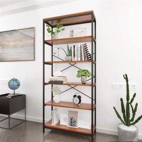 img 4 attached to 📚 Stylish 6-Foot Tall Open Book Shelves: Modern Bookshelf with 5 Tiers, Free Standing Display Shelf - Black Metal Frame & Rustic Cherry Wooden Shelves for Living Room or Bedroom