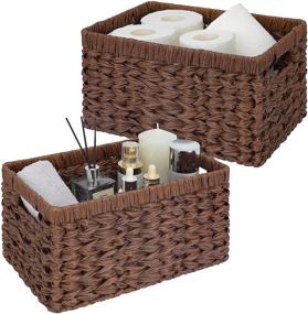 img 4 attached to Woven Rectangle Wicker Storage Baskets, Set of 2 - Brown Baskets for Storage, Ideal for Shelves