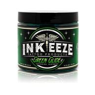 ink-eeze green glide tattoo ointment: professional artist formula, essential oils, vegan, made in usa, lavender-scented, 16oz logo