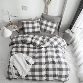 img 3 attached to 🛏️ HYPREST 100% Washed Cotton 3 Pcs Duvet Cover Queen - Gray Buffalo Plaid Comforter Cover Queen - Super Soft Bedding Set (Excludes Comforter & Sheet)