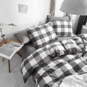 img 2 attached to 🛏️ HYPREST 100% Washed Cotton 3 Pcs Duvet Cover Queen - Gray Buffalo Plaid Comforter Cover Queen - Super Soft Bedding Set (Excludes Comforter & Sheet)