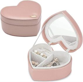 img 4 attached to Heart Shape Portable Jewelry Box with Mirror - besharppin Jewelry Organizer Case for Earrings Rings Necklaces Valentine Gift (Champagne Pink)