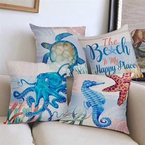 img 3 attached to 🐢 Blue Sea Turtle Beach Pattern Summer Pillow Covers 18 x 18 Inch Set of 4 - Hexagram Ocean Theme, Soft Linen Throw Pillowcases for Couch, Sofa, Indoor Outdoor Home Decor