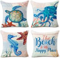 🐢 blue sea turtle beach pattern summer pillow covers 18 x 18 inch set of 4 - hexagram ocean theme, soft linen throw pillowcases for couch, sofa, indoor outdoor home decor логотип