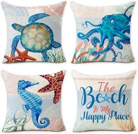 img 4 attached to 🐢 Blue Sea Turtle Beach Pattern Summer Pillow Covers 18 x 18 Inch Set of 4 - Hexagram Ocean Theme, Soft Linen Throw Pillowcases for Couch, Sofa, Indoor Outdoor Home Decor