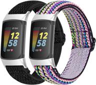 🌈 ocebeec 2 пакета регулируемых эластичных ремешков для fitbit charge 5 - стильный растяжимый оплетенный нейлоновый ремешок для замены на запястье, мягкий спортивный браслет для женщин и мужчин (черный и радужный) логотип