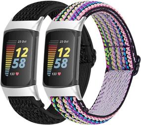 img 4 attached to 🌈 OCEBEEC 2 Пакета регулируемых эластичных ремешков для Fitbit Charge 5 - Стильный растяжимый оплетенный нейлоновый ремешок для замены на запястье, мягкий спортивный браслет для женщин и мужчин (черный и радужный)