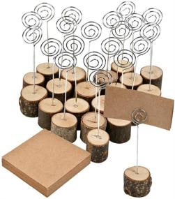 img 4 attached to 🍂 WOWOSS 20 Piece Set of Rustic Wood Place Card Holders with Swirl Wire, 6 inch Wooden Base Table Number Photo Memo Picture Note Clip Holders and 50 Pack of Kraft Place Cards Bulk for Wedding Table Name Number Sign