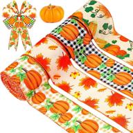 autumn pumpkin wired ribbon: 4 rolls, 20 yards, fall theme plaid leaves check fabric, ideal for wreaths & diy crafting, halloween & thanksgiving decor, 4 styles logo